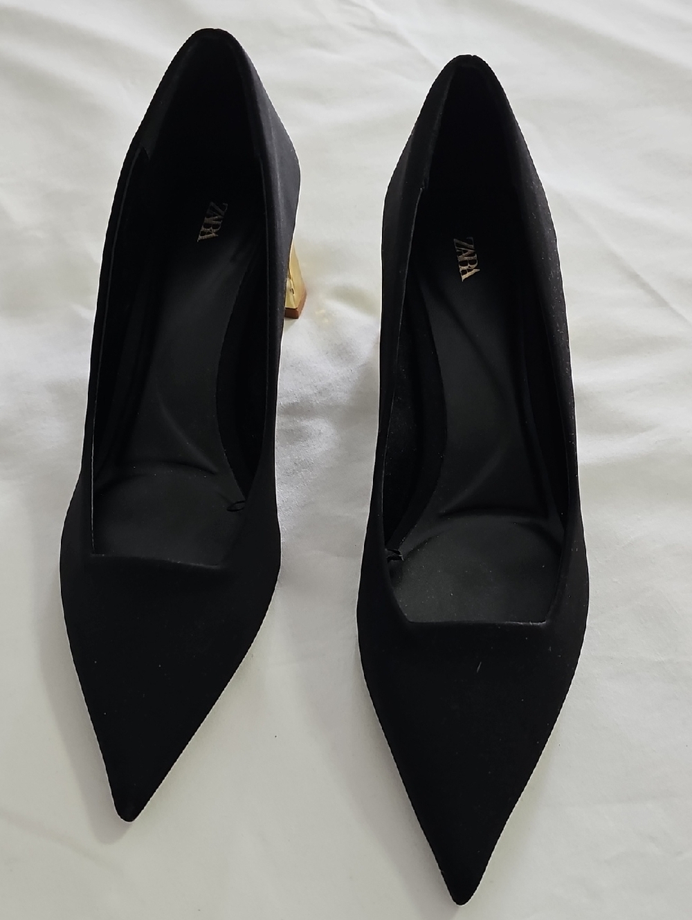 Zara Black Pointed Toe Pumps with Gold Block Heel